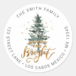 Pine Tree Christmas Merry & Bright Rücksendeadress Runder Aufkleber
