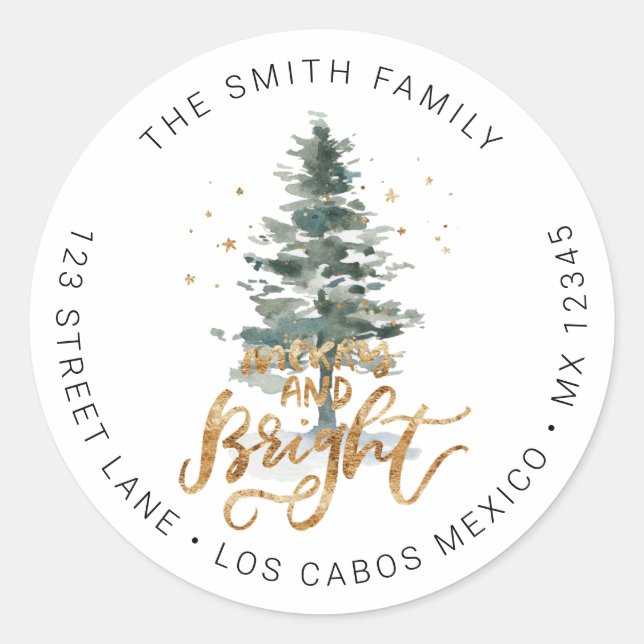 Pine Tree Christmas Merry & Bright Rücksendeadress Runder Aufkleber (Vorderseite)