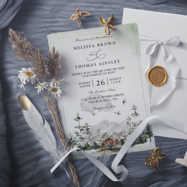 Pine Tree Deer Forest Mountain QR Code Wedding Einladung (Von Creator hochgeladen)