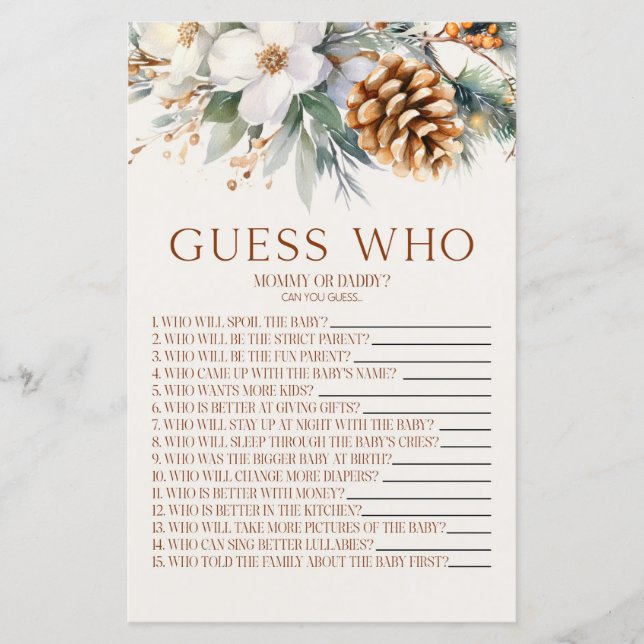 Pine Tree Floral Guess Who Baby Showspiel (Vorderseite)