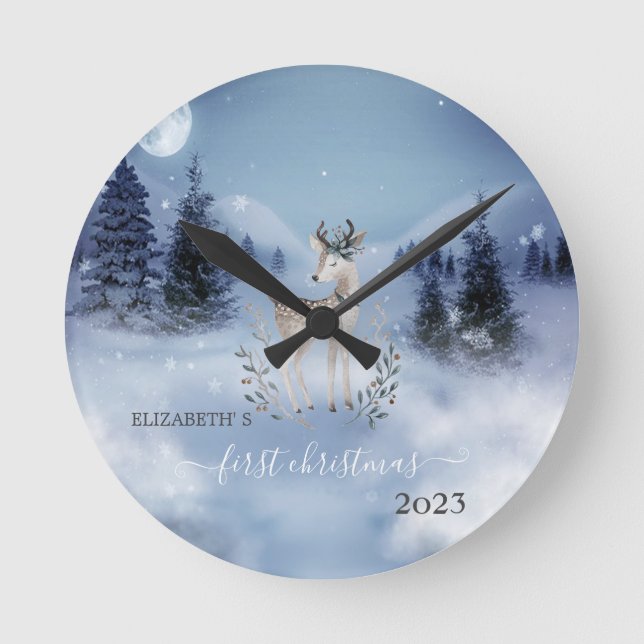 Pine Tree Fores, Deer Blue Holiday Runde Wanduhr (Vorderseite)