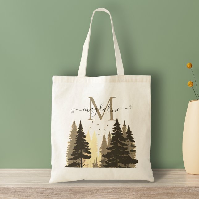 Pine Tree Forest Beige Skriptname Monogram Tragetasche (Von Creator hochgeladen)