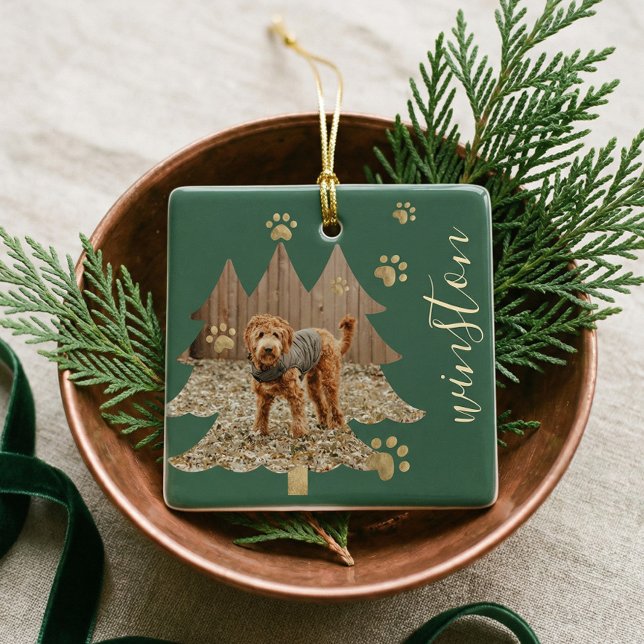 Pine Tree Forest Custom Pet Foto & Name Paw Print Keramikornament (Pine Tree Custom Pet Photo Pet Name Keepsake Gift Ceramic Ornament)
