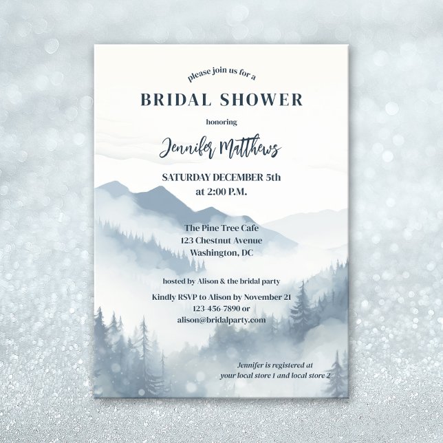 Pine Tree Forest Mountain Winter Brautparty Einladung (Watercolor winter bridal shower invitation featuring a hazy mountain scene with pine forests)