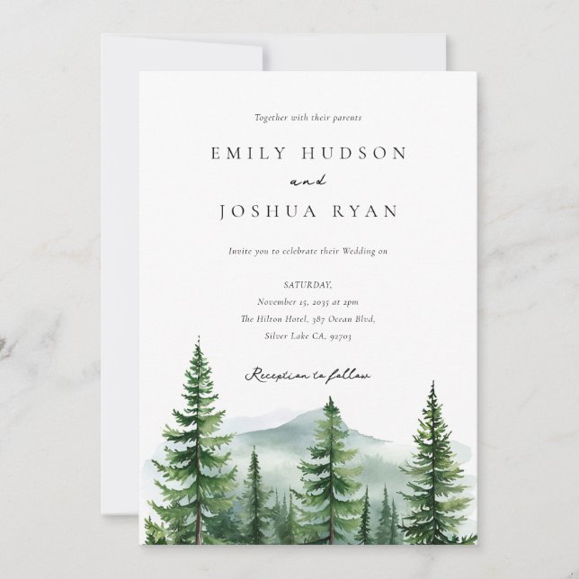 Pine Tree Forest QR Foto Wedding Einladung (Vorderseite)