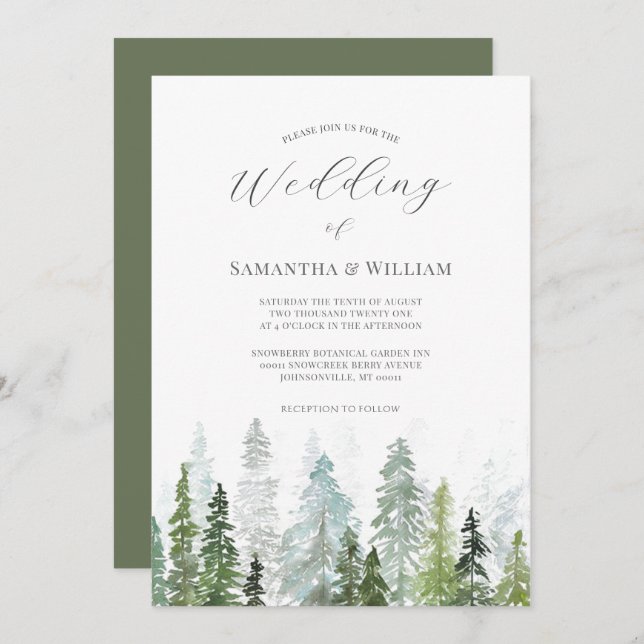 Pine Tree Forest Rustic Wasserfarbe Hochzeit Einladung (Vorne/Hinten)