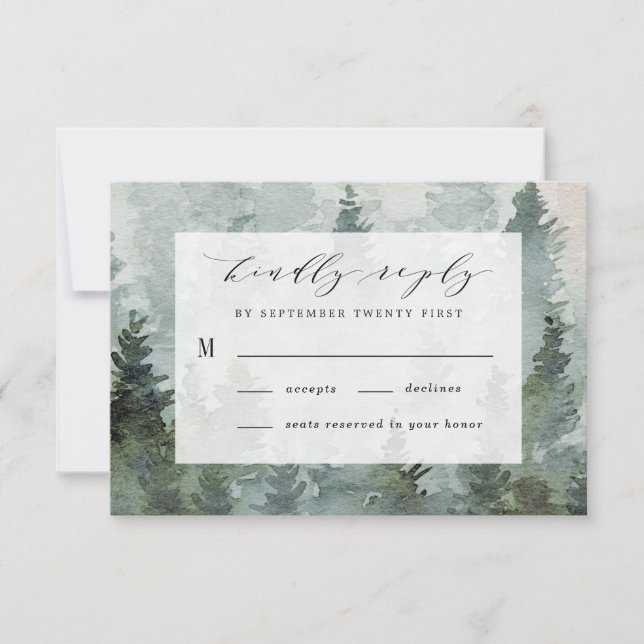 Pine Tree Forest Rustic Wasserfarbe Hochzeit RSVP Karte (Vorderseite)