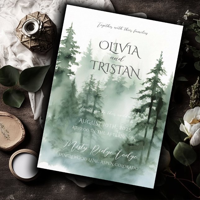 Pine Tree Forest Rustic Watercolor Wedding Einladung (Von Creator hochgeladen)