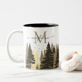 Pine Tree Forest Script Name Monogram Zweifarbige Tasse
