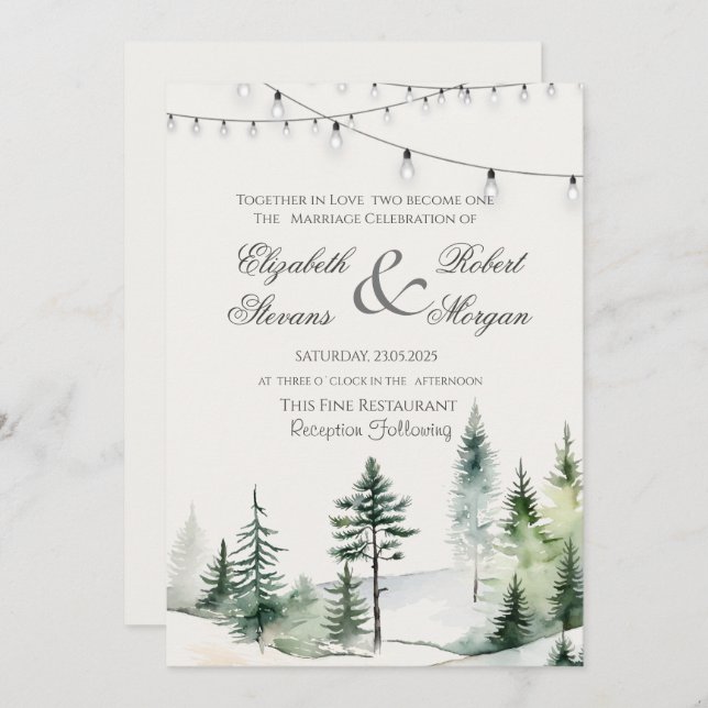 Pine Tree Forest, String Lights Wedding Einladung (Vorne/Hinten)