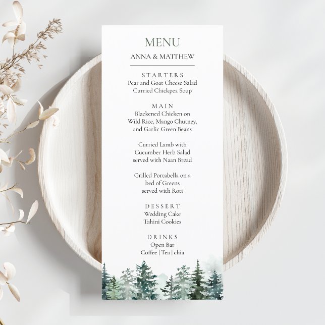 Pine Tree Forest Wasserfarbengebirge Hochzeit Menükarte (Pine Tree Forest Mountains Rustic Wedding Menu)