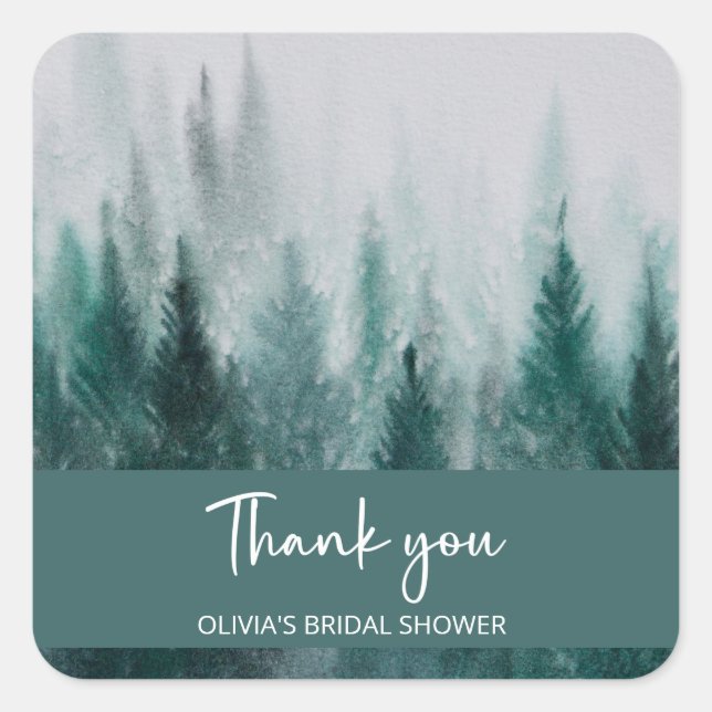 Pine Tree Forest Watercolor Grünes Brautparty Quadratischer Aufkleber (Vorderseite)