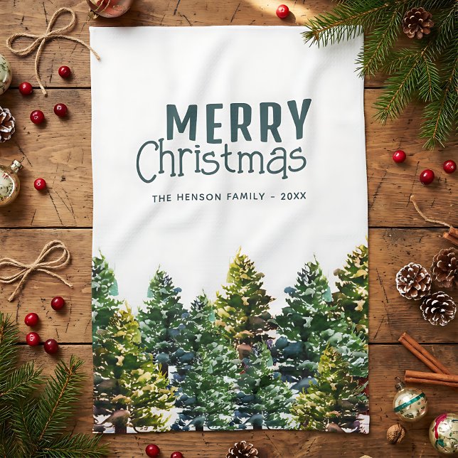 Pine Tree Forest with Snow Watercolor Christmas Geschirrtuch (Von Creator hochgeladen)