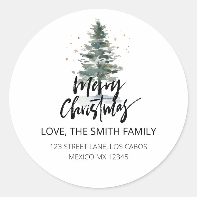 Pine Tree Frohe Weihnachtsferien Rücksendeadresse Runder Aufkleber (Vorderseite)