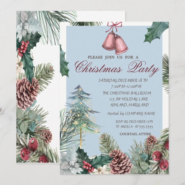 Pine Tree Gold Stars Pine Cones Weihnachtsfest Par Einladung (Vorne/Hinten)