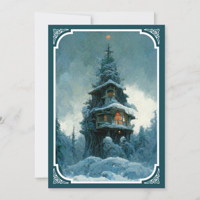 Pine Tree House im Winter | Weihnachtsbaum Einladung (Vorderseite)