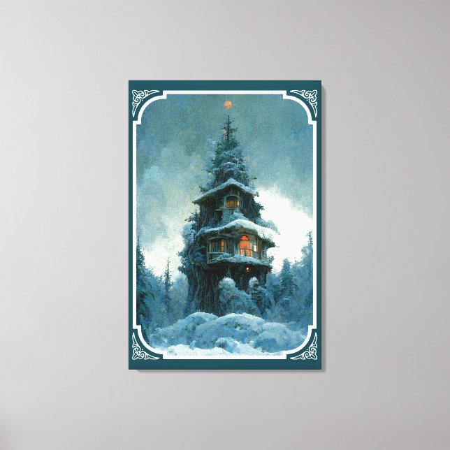 Pine Tree House im Winter | Weihnachtsbaum Leinwanddruck (Vorderseite)