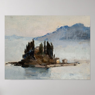 Pine tree island in water landscape art print poster
