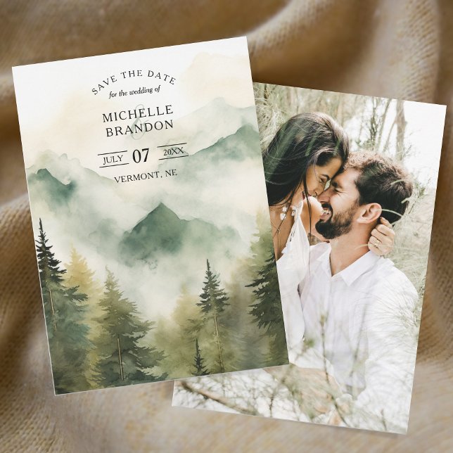 Pine Tree Mountain - Nature Adventure Foto Save The Date (Pine Tree foggy forest mountain)