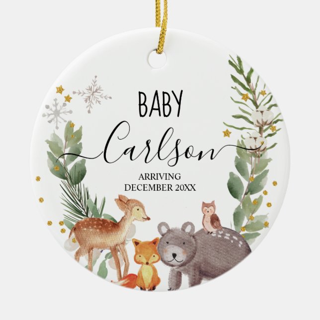 Pine Tree of Animal Woodland Baby Reveal Keramik Ornament (Vorne)