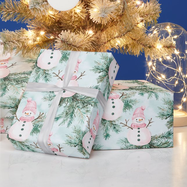 Pine Tree Pink White Snowman Girl Geschenkpapier (Feiertage)