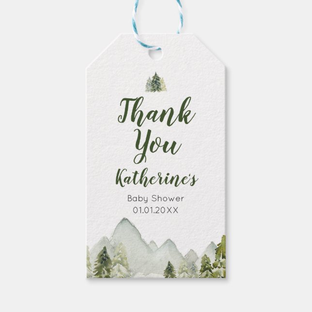 Pine Tree Rustic Adventure Baby Dusche Vielen Dank Geschenkanhänger (Vorderseite)
