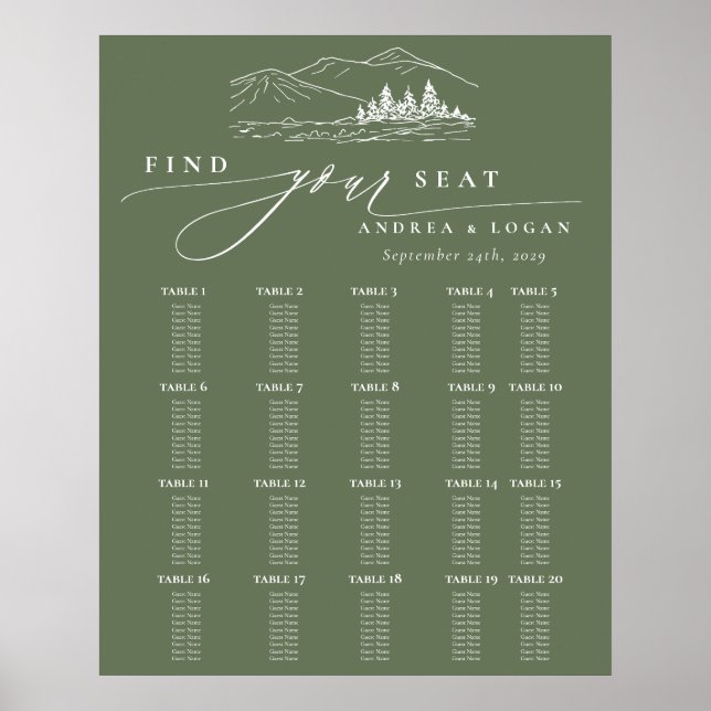 Pine Tree Rustic Mountains Hochzeitsdiagramm Poster (Vorne)