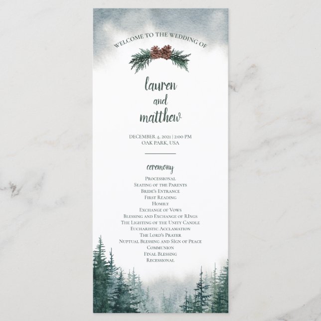 Pine Tree Rustic Wedding Flat Zeremonie Programm (Vorderseite)