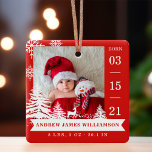 Pine Tree & Snow Baby Birth Stats & Photos Red Keramikornament<br><div class="desc">New baby birth stats photo Christmas ornament. The design features two photos, one photo on the front and one on the back. Display your new baby's photo. The date of birth is displayed along the side and the baby's name and birth stats along the bottom. A red background with white...</div>