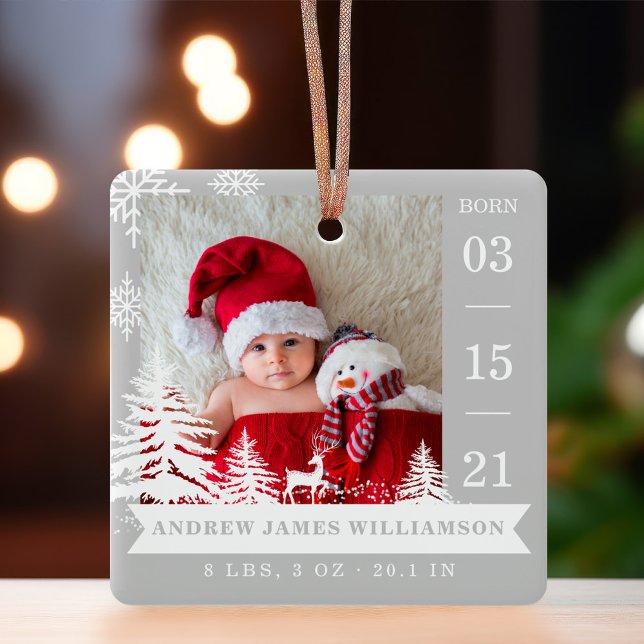 Pine Tree & Snow Baby Geburtsstaten & Fotos Grau Keramikornament (Pine Tree & Snow Baby Birth Stats & Photos Grey Ceramic Ornament)