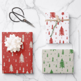 Pine Tree Snowflake Doodle Red Beige Green Trio Geschenkpapier Set