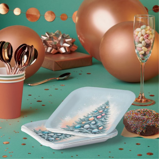 Pine Tree Snowflakes | Blauer Orangenkorallendekor Pappteller (Multi)