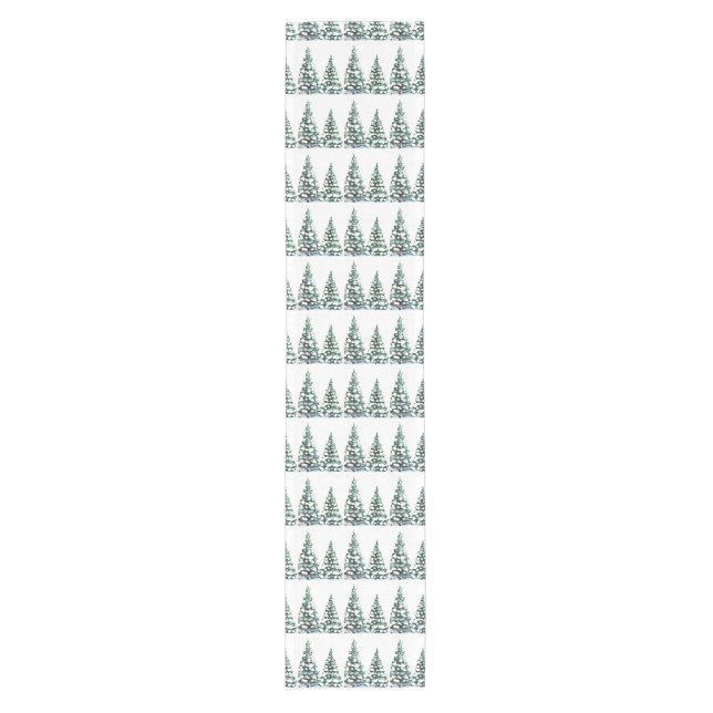 Pine tree Snowy Szene Winter Weihnachten Elegant Kurzer Tischläufer (Vorderseite)