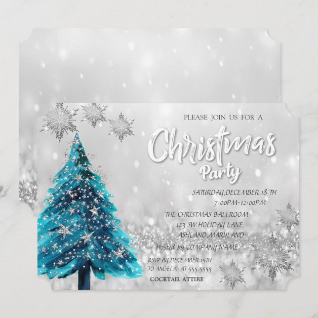 Pine Tree Stars Bokeh Weihnachtsfest Party Einladung (Vorne/Hinten)