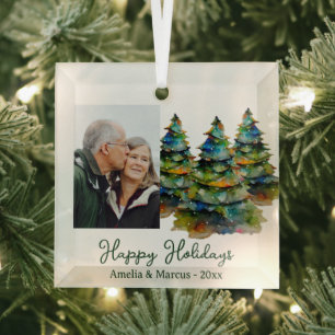 Pine Tree Watercolor Happy Holidays Foto Ornament Aus Glas