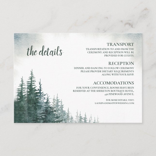 Pine Tree Wedding Detail Card Info Umschließung Begleitkarte (Vorderseite)