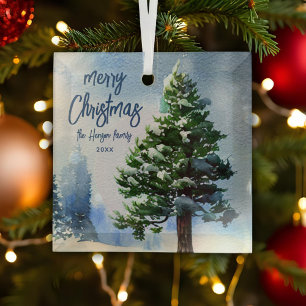 Pine Tree with Snow Watercolor Malerei Weihnachten Ornament Aus Glas