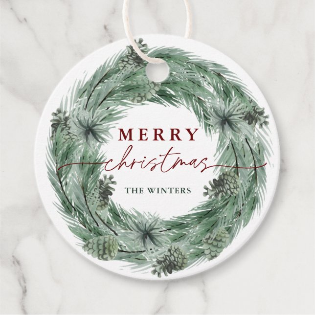 Pine Tree Wreath Frohe Weihnachten mit QR Code Geschenkanhänger (Vorderseite)