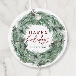 Pine Tree Wreath Happy Holidays mit QR Code Geschenkanhänger