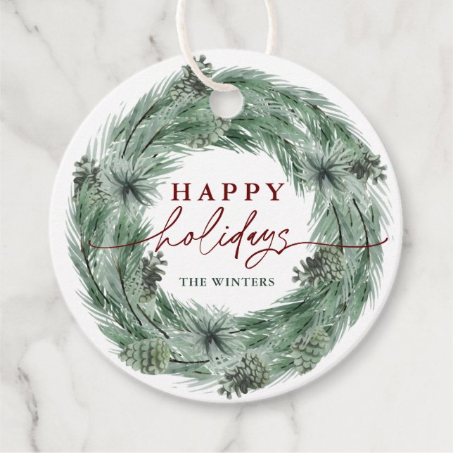 Pine Tree Wreath Happy Holidays mit QR Code Geschenkanhänger (Vorderseite)
