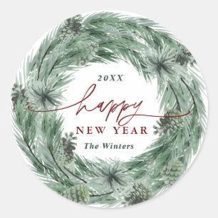 Pine Tree Wreath Happy New Year Runder Aufkleber