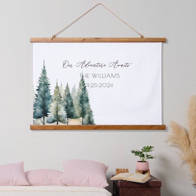 Pine Trees Alternative Wedding Guest Book Wandteppich Mit Holzrahmen (Schlafzimmer)