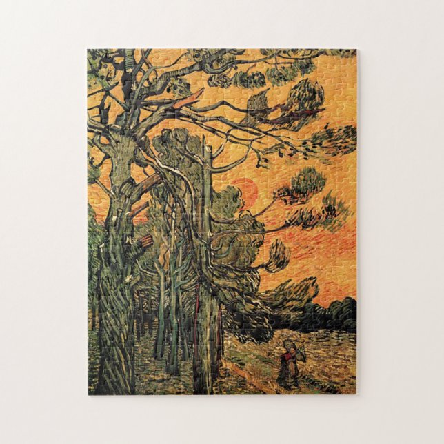 Pine Trees gegen einen roten Himmel mit Einstellun Puzzle (Vertikal)