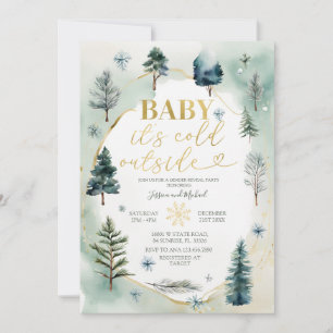 Pine Trees Gold Winter Gender Reveal Baby Shower Einladung