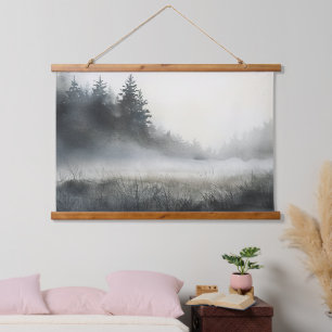 Pine Trees Meadow Low Lying Fog Wandteppich Mit Holzrahmen