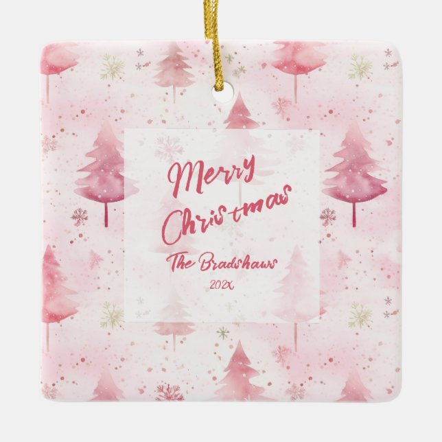 Pine Trees Pink Aquarell Weihnachten Keramikornament (Vorderseite)