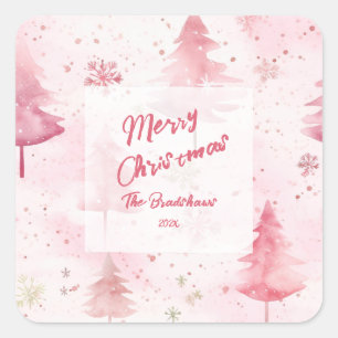 Pine Trees Pink Aquarell Weihnachten Quadratischer Aufkleber