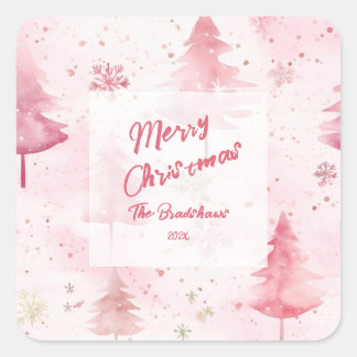 Pine Trees Pink Aquarell Weihnachten Quadratischer Aufkleber