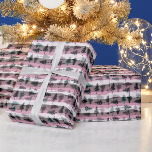 Pine Trees Pink White Gray Streifen Weihnachten Geschenkpapier
