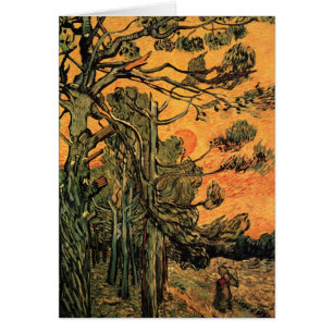 Pine Trees Red Sky Setting Sun by Vincent van Gogh